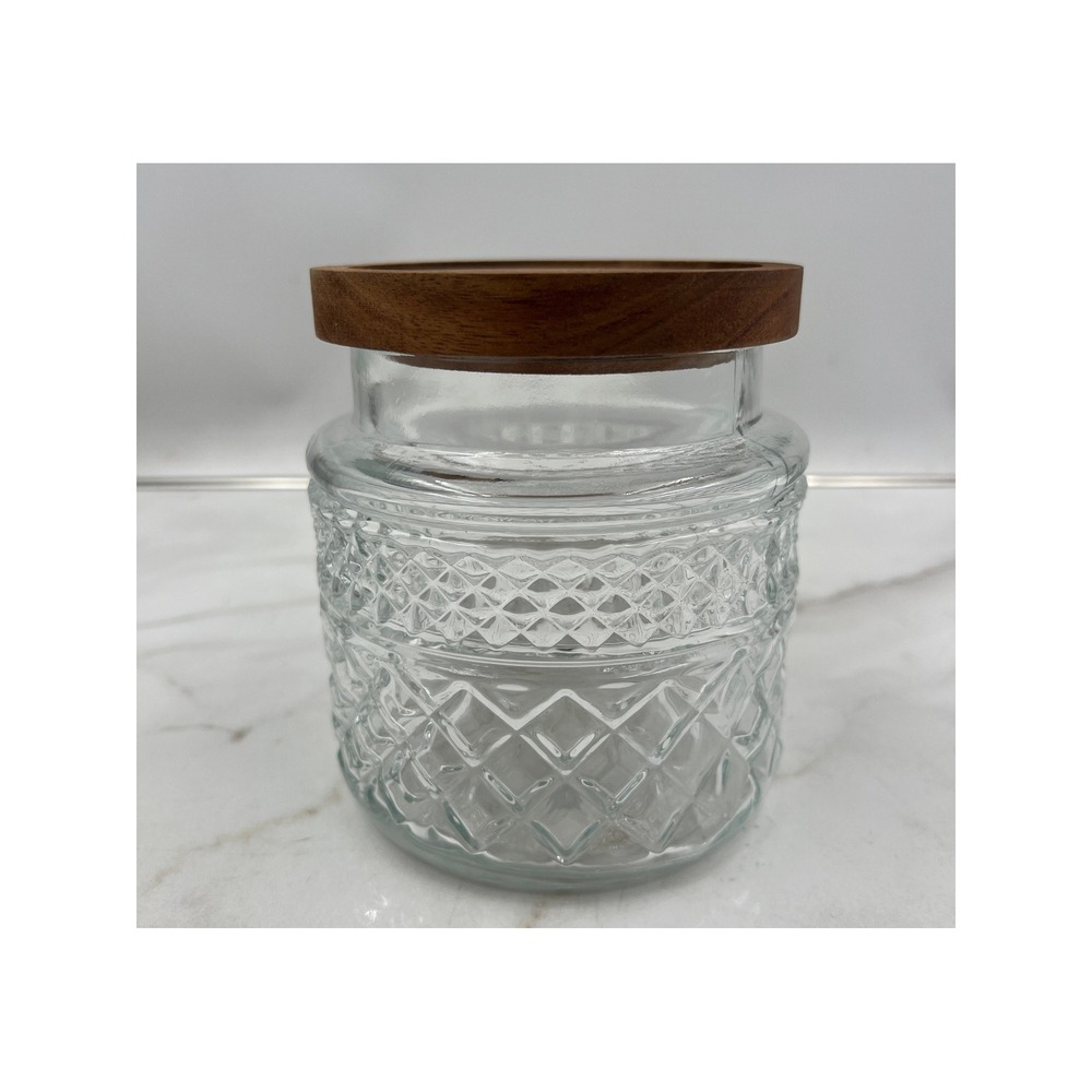 Diamond Pattern Glass Canister with Wood Lid Airtight Storage Jar Clear